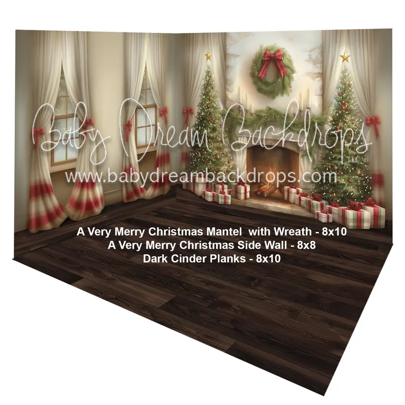 A Very Merry Christmas Mantel With Wreath + A Very Merry Christmas Side Wall + Dark Cinder Planks 1