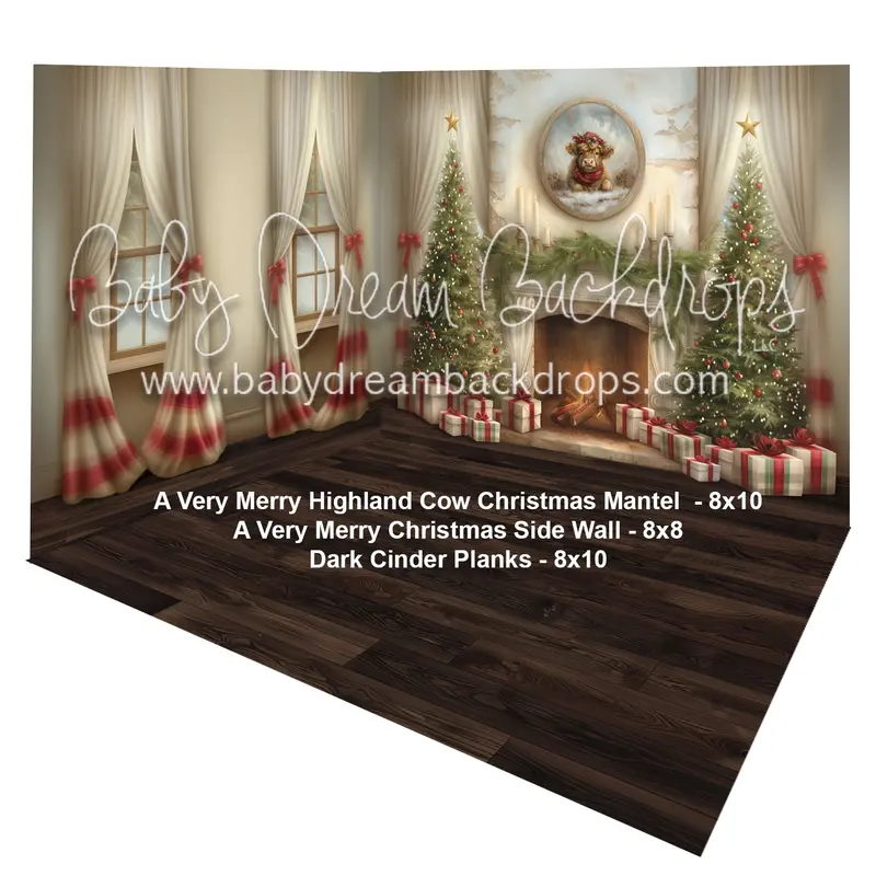 A Very Merry Highland Cow Christmas Mante + A Very Merry Christmas Side Wall + Dark Cinder Planks 1