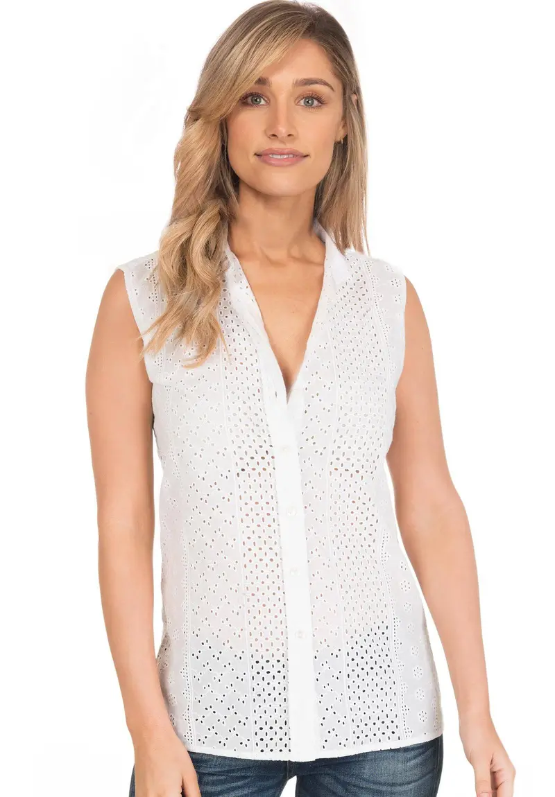 Anna Lace White, Sleeveless Broderie Anglaise Shirt Band Collar 1