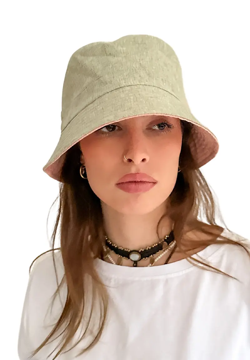 Beckie Bucket Hat In Pure French Linen - Reversible Two Colours Sage Peach 1