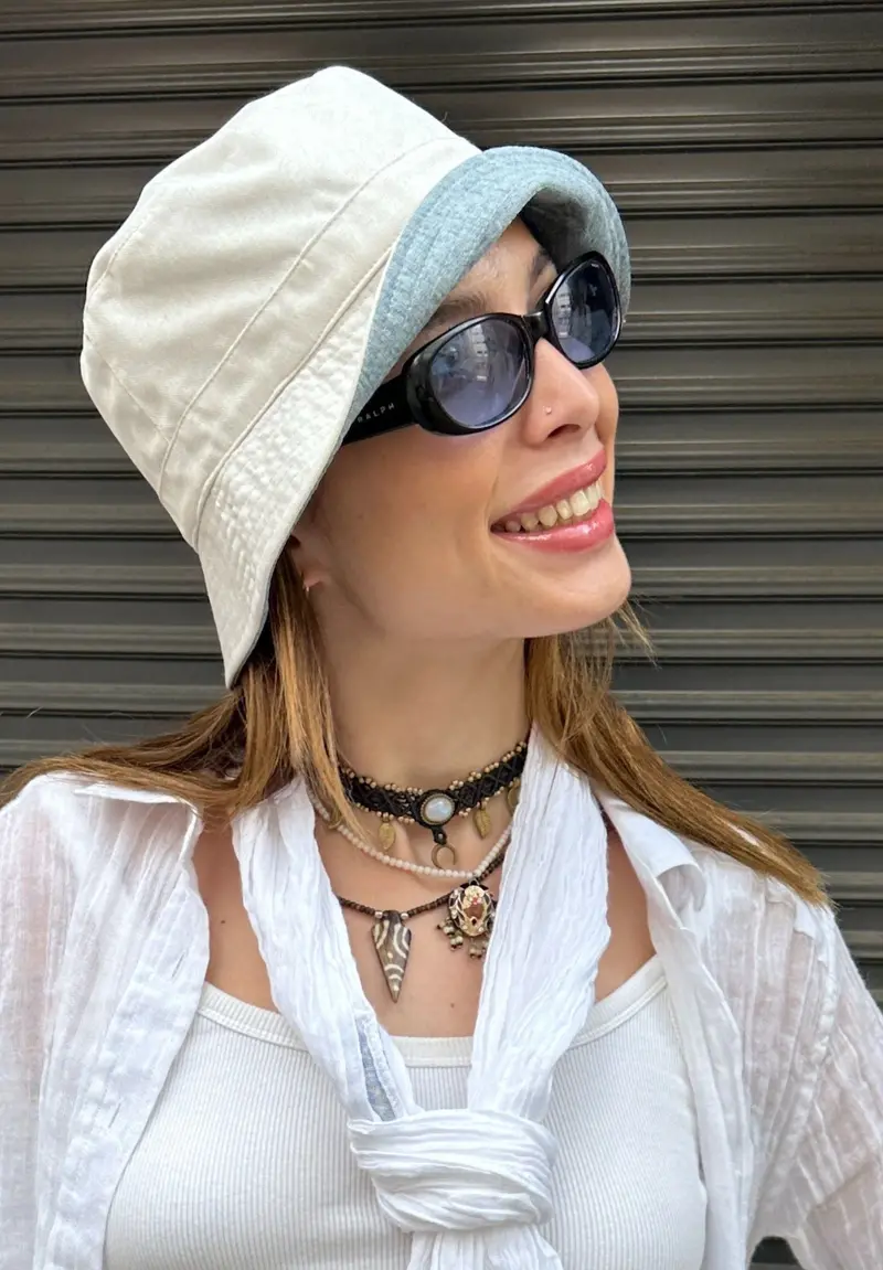 Beckie Bucket Hat In Pure French Linen - Reversible Two Colours Sand Denim 1