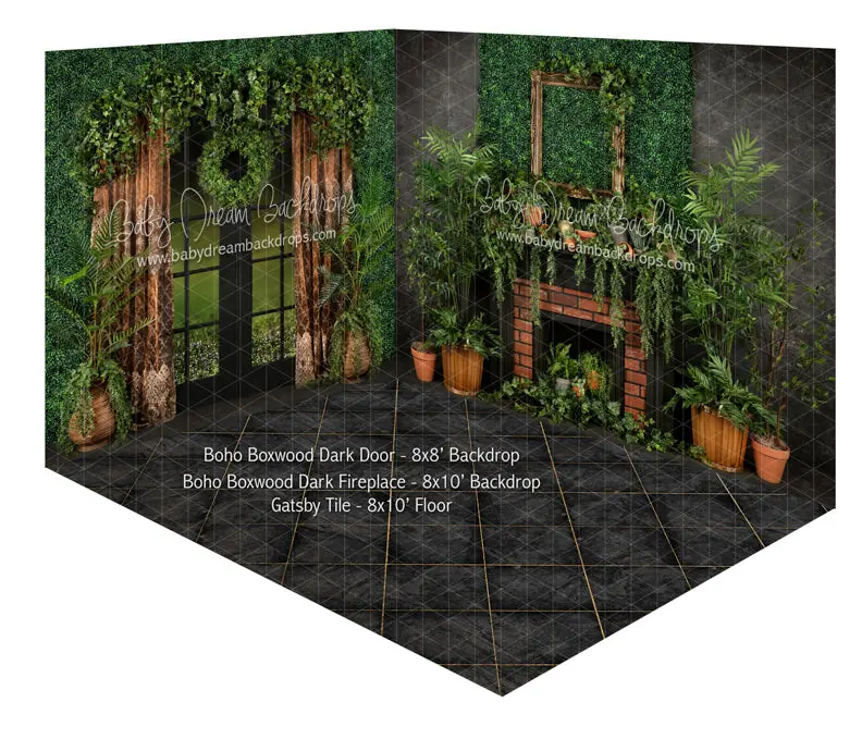 Boho Boxwood Dark Door And Fireplace Room 1
