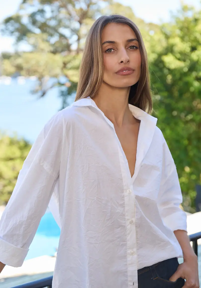 Exal-Cotton White Oversized Frayed Edge Cotton Shirt 1