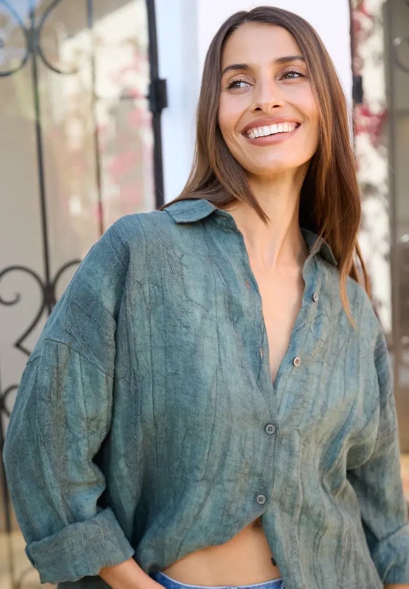 Exalina Green Tie-Dye Crinkle Linen Shirt 1
