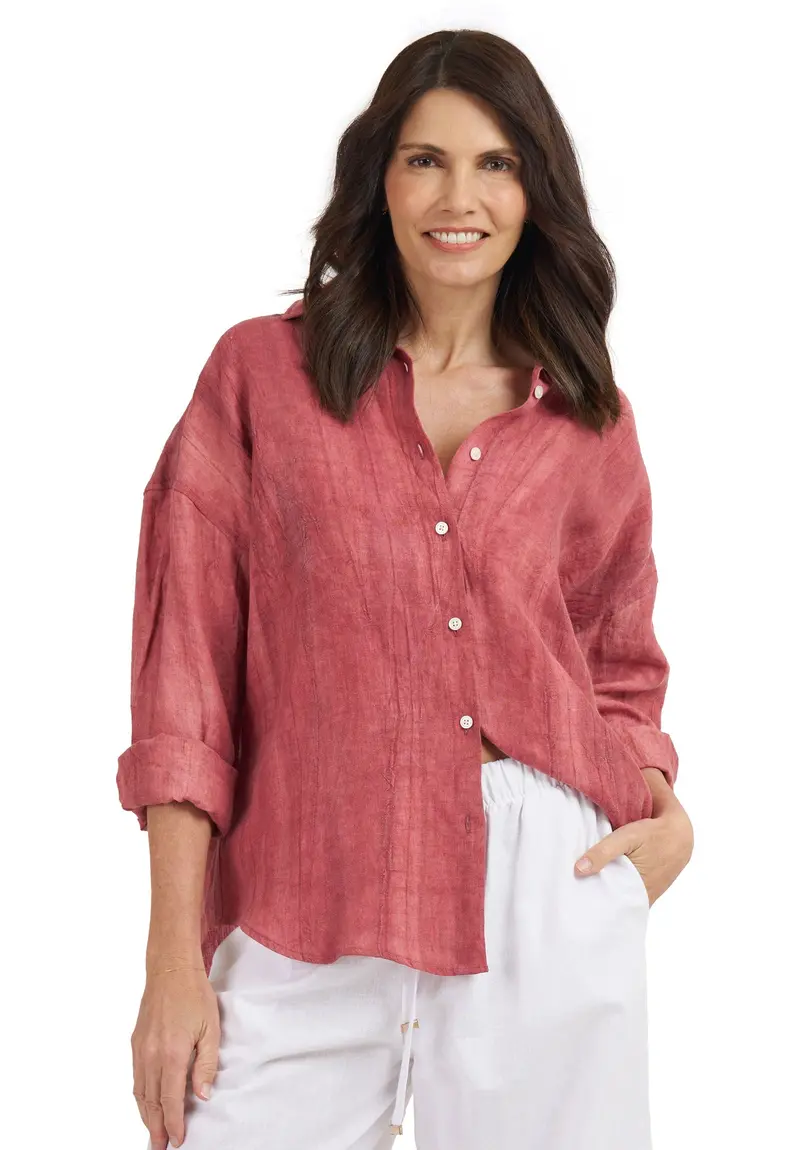 Exalina Washed Red Tie-Dye Crinkle Linen Shirt 1