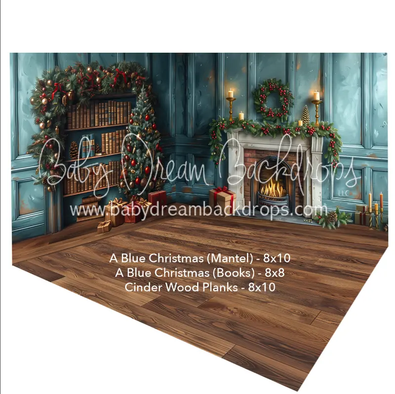 Fabric Room A Blue Christmas (Mantel) + Fabric Room A Blue Christmas (Books) + Cinder Wood Planks 1