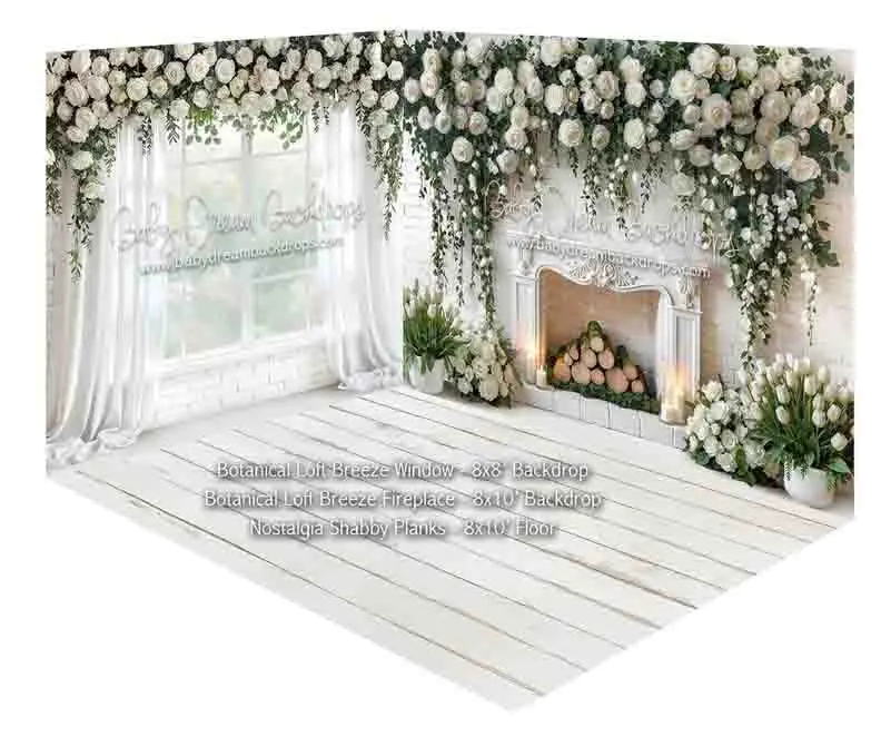 Fabric Room Botanical Loft Breeze Window + Botanical Loft Breeze Fireplace + Nostalgia Shabby Planks 1