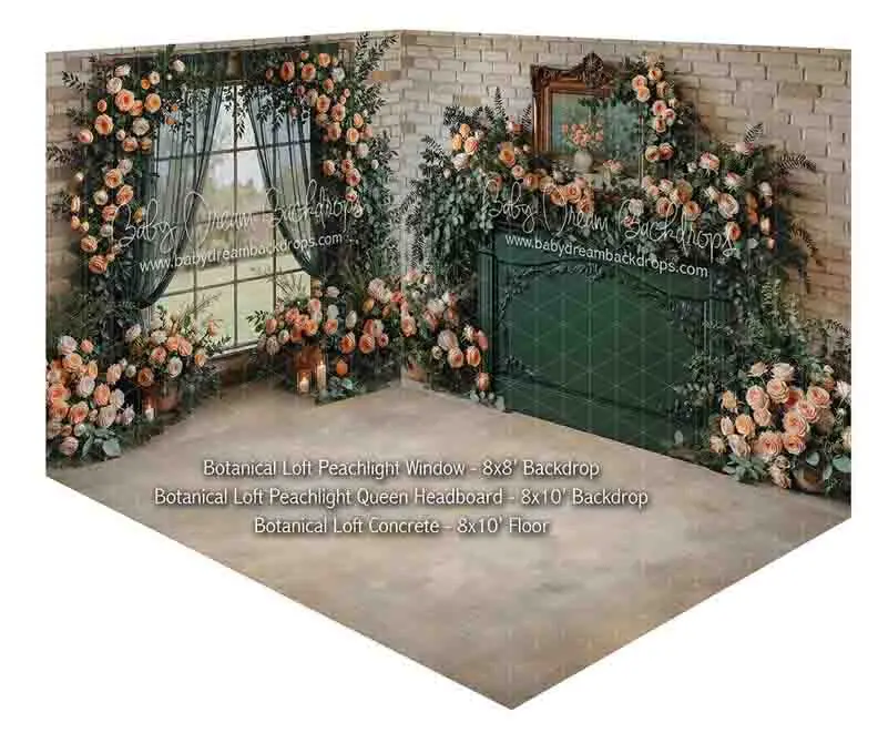 Fabric Room Botanical Loft Peachlight Window + Botanical Loft Peachlight Queen Headboard + Botanical Loft Concrete 1