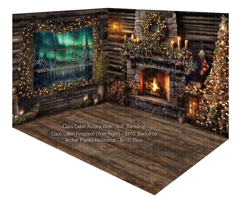 Fabric Room Claus Cabin Aurora View + Claus Cabin Fireplace (Tree Right) + Archer Planks Horizontal (Ja) 1