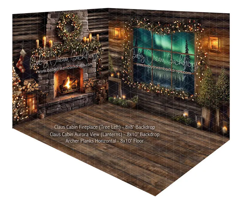 Fabric Room Claus Cabin Fireplace (Tree Left) + Claus Cabin Aurora View (Lanterns) + Archer Planks Horizontal (Ja) 1
