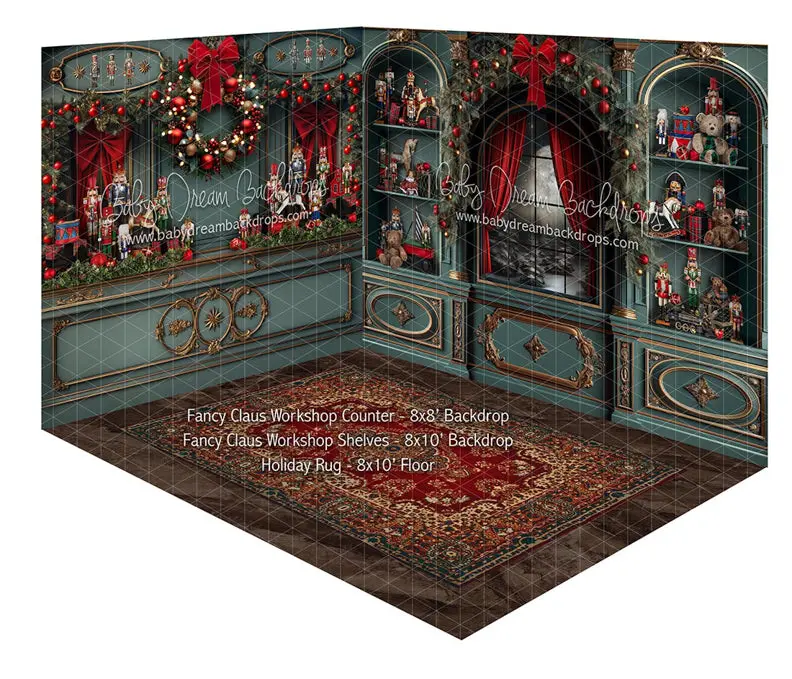 Fabric Room Fancy Claus Workshop Counter + Fancy Claus Workshop Shelves + Holiday Rug 1