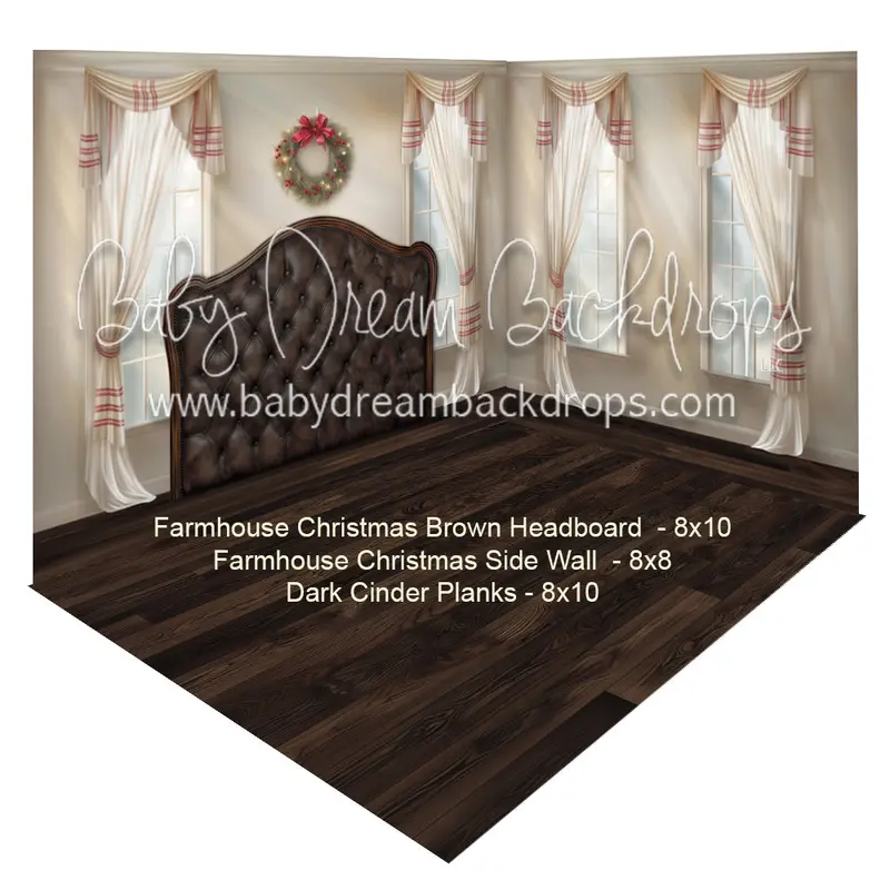(Fabric Room) Farmhouse Christmas Brown Headboard + Farmhouse Christmas Side Wall + Dark Cinder Planks 1