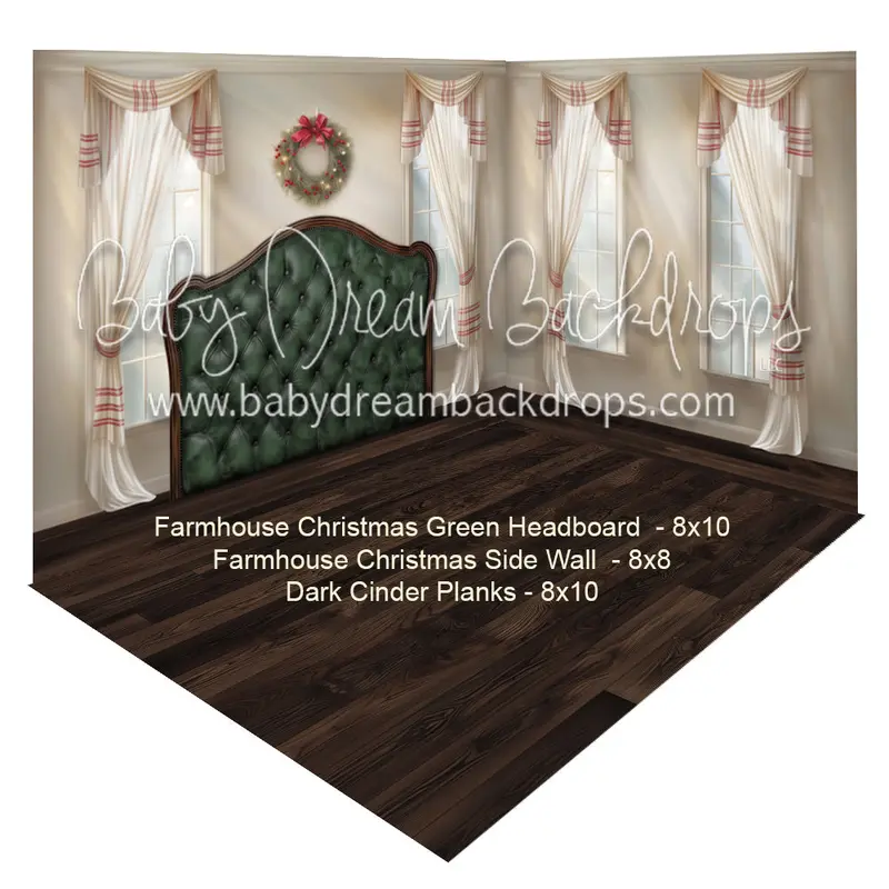 (Fabric Room) Farmhouse Christmas Green Headboard + Farmhouse Christmas Side Wall + Dark Cinder Planks 1