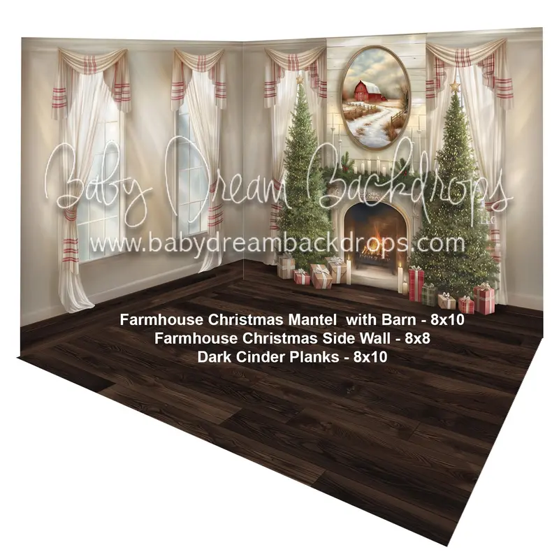(Fabric Room) Farmhouse Christmas Mantel  With Barn + Farmhouse Christmas Side Wall + Dark Cinder Planks 1