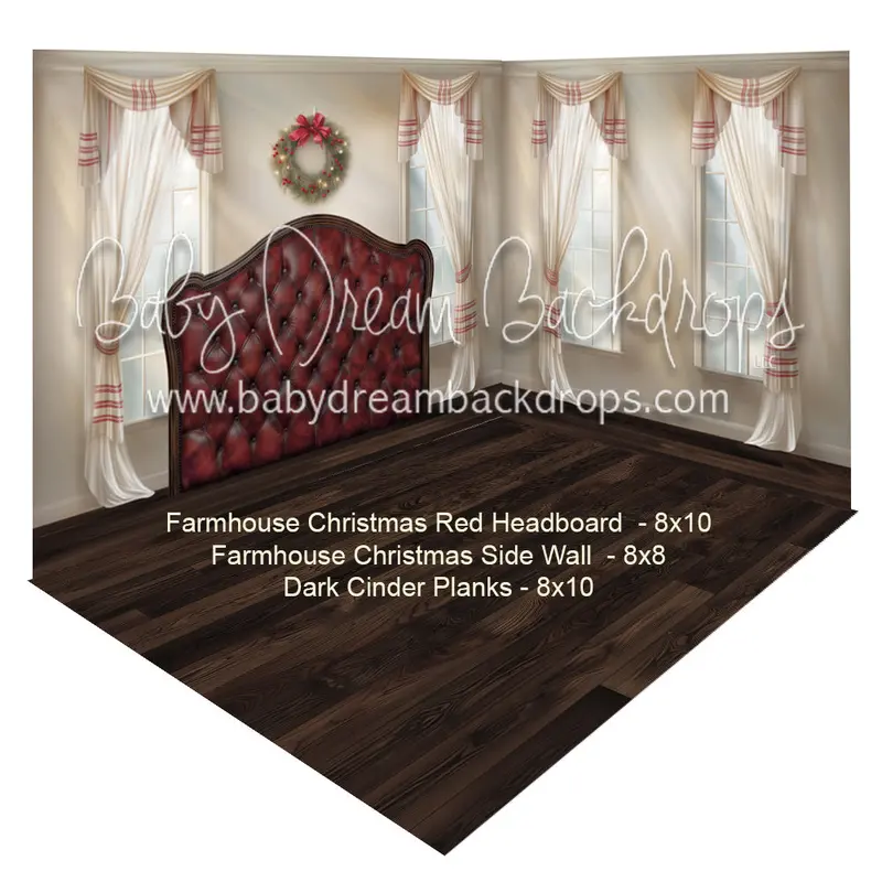 (Fabric Room) Farmhouse Christmas Red Headboard + Farmhouse Christmas Side Wall + Dark Cinder Planks 1