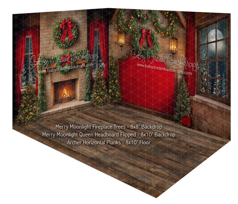 Fabric Room Merry Moonlight Fireplace Trees + Merry Moonlight Queen Headboard Flipped + Archer Horizontal Planks 1