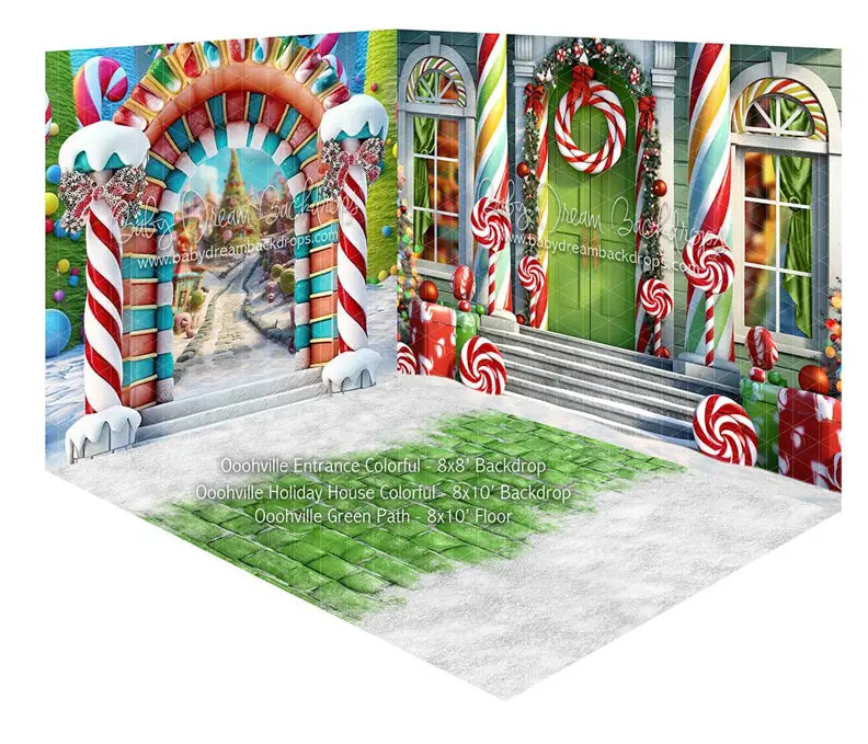 Fabric Room Ooohville Entrance Colorful + Oohville Holiday House Colorful + Ooohville Green Path 1
