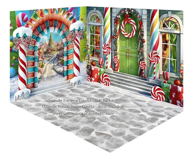 Fabric Room Ooohville Entrance Colorful + Oohville Holiday House Colorful + Snowy Cobblestone Gray 1