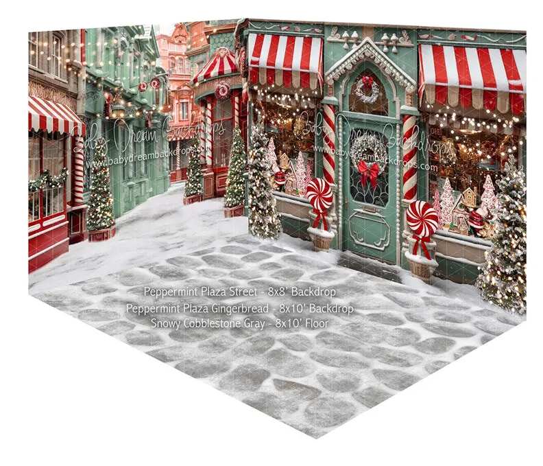 Fabric Room Peppermint Plaza Street + Peppermint Plaza Gingerbread + Snowy Cobblestone Gray (Ja) 1