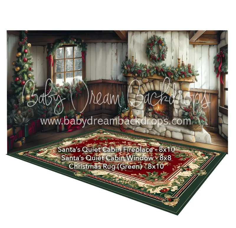 Fabric Room Santa's Quiet Cabin Fireplace + Santa's Quiet Cabin Window + Christmas Rug (Green) 1