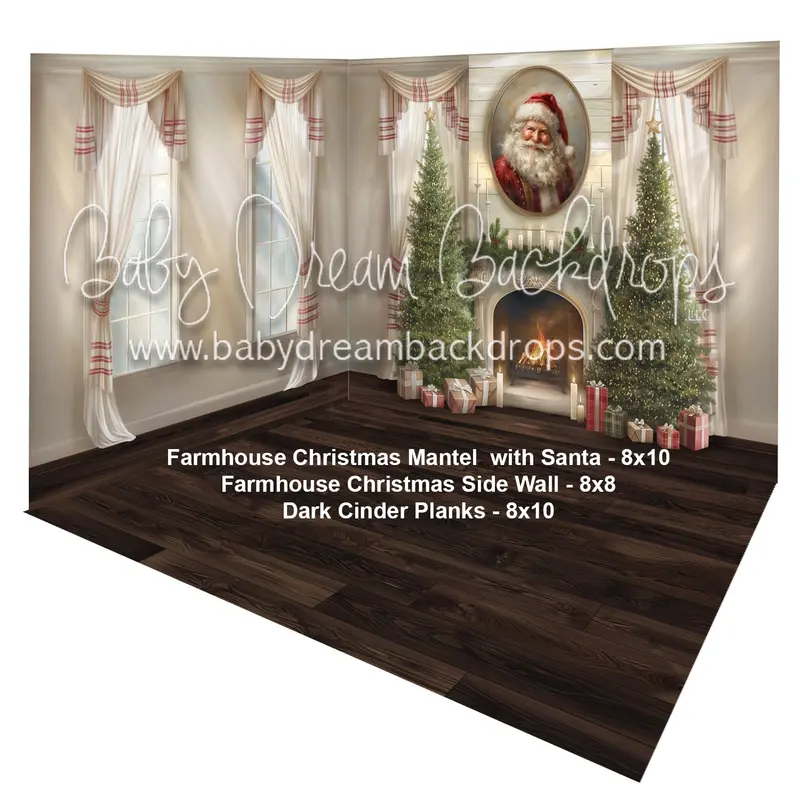 Farmhouse Christmas Mantel With Santa + Farmhouse Christmas Side Wall + Dark Cinder Planks 1