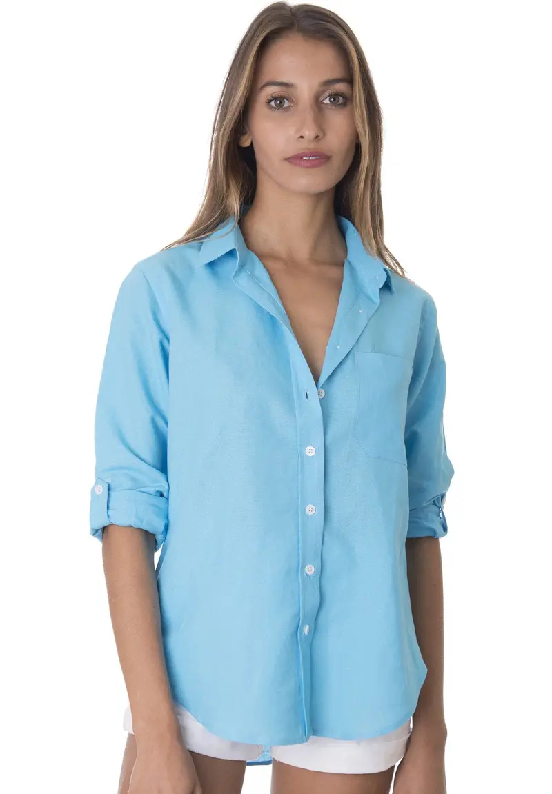 Febe-Ls Turquoise Linen Shirt With Roll-Up Tabs 1