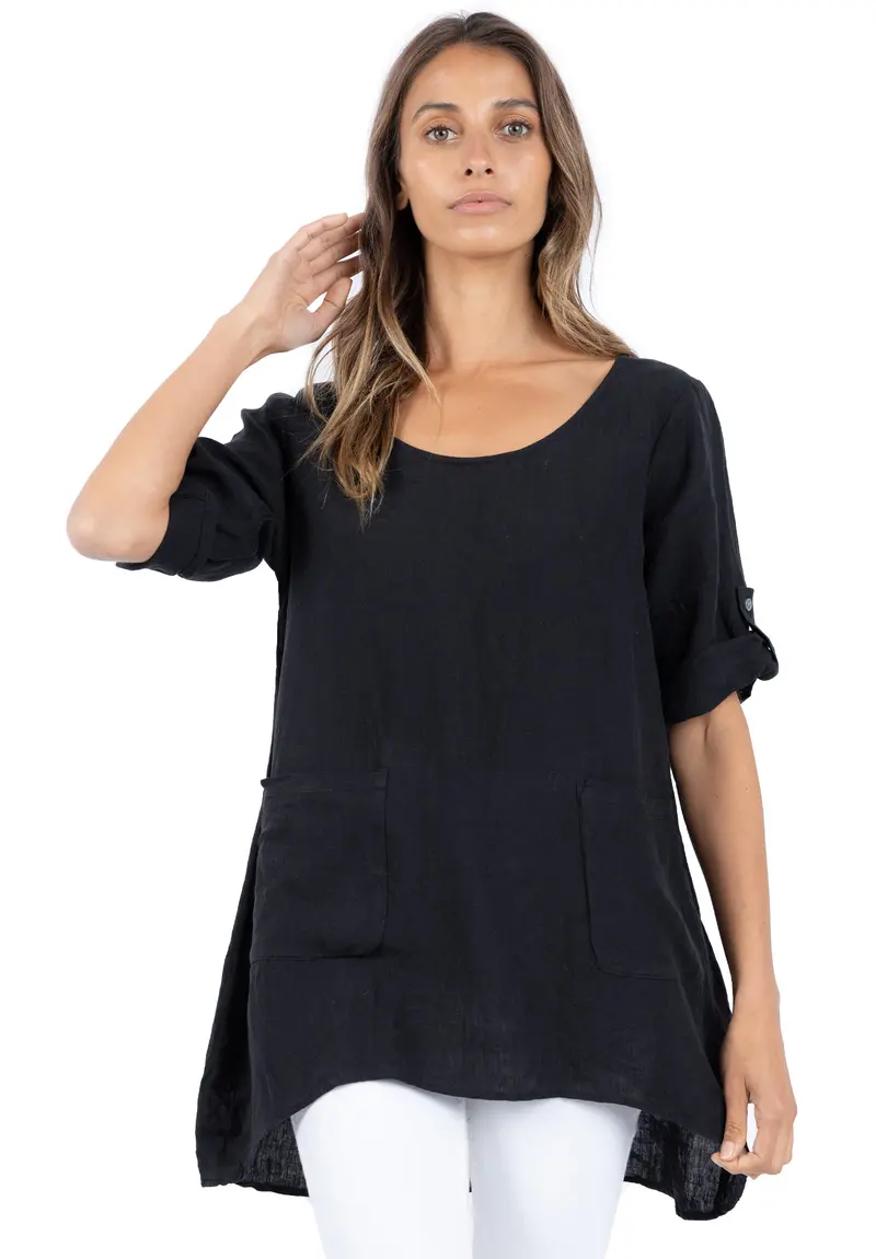 Federica Black Sand Washed Linen Tunic Top 1