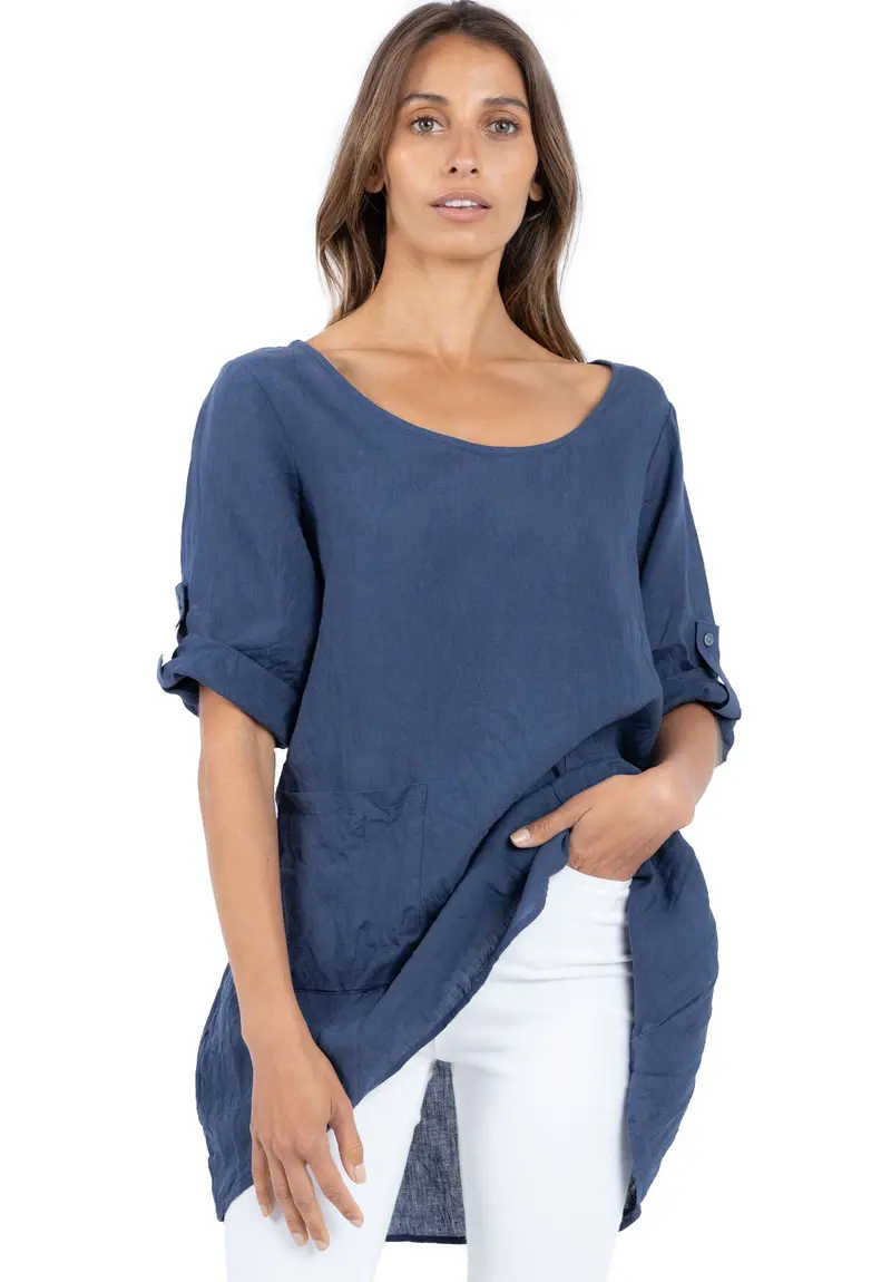 Federica Blue Sand Washed Linen Tunic Top 1