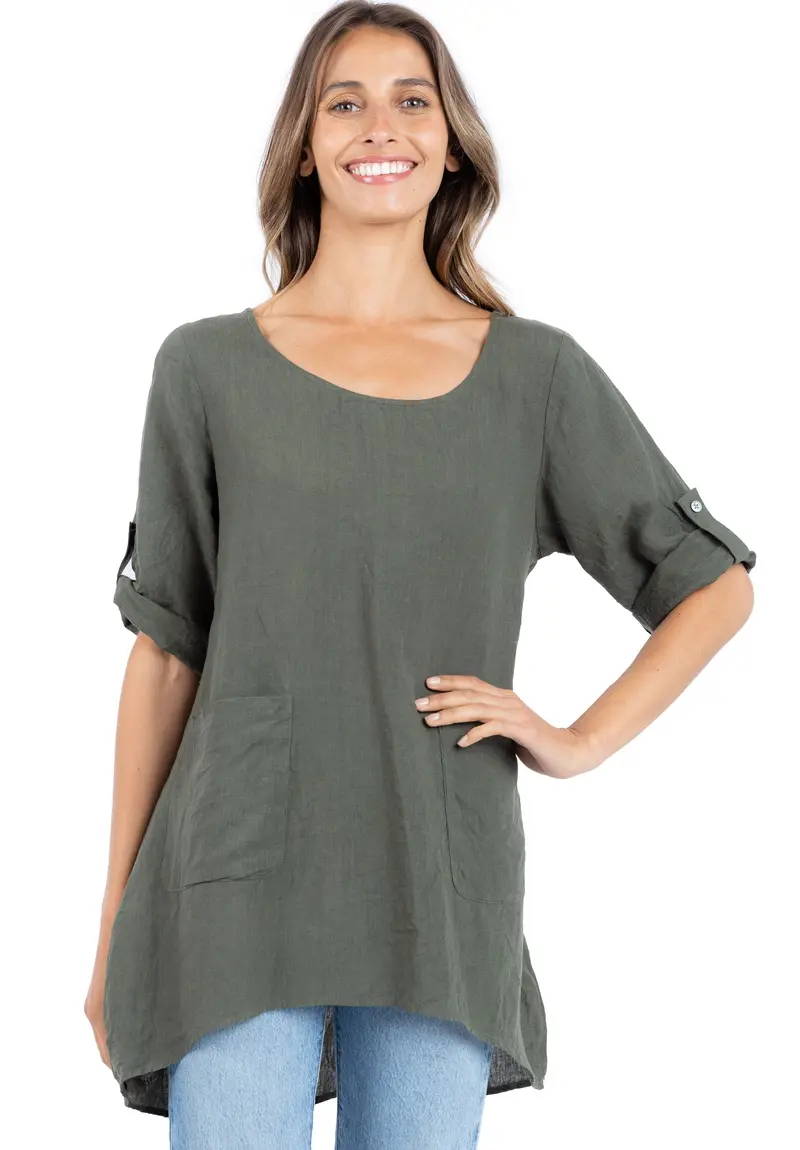 Federica Olive Green Sand Washed Linen Tunic Top 1