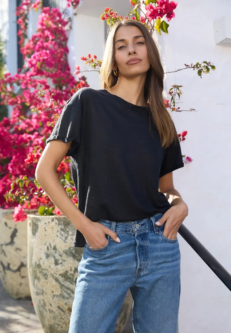 Francy-Linen Black Rolled Sleeve T-Shirt 1