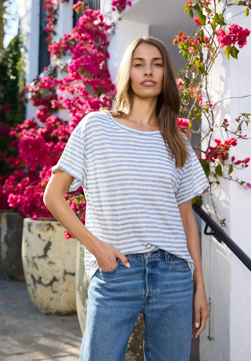 Francy-Linen Denim Stripes Rolled Sleeve T-Shirt 1