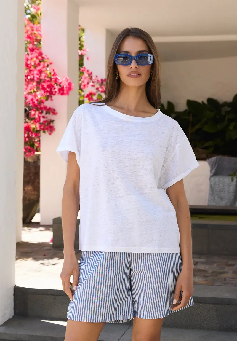 Francy-Linen White Rolled Sleeve T-Shirt 1