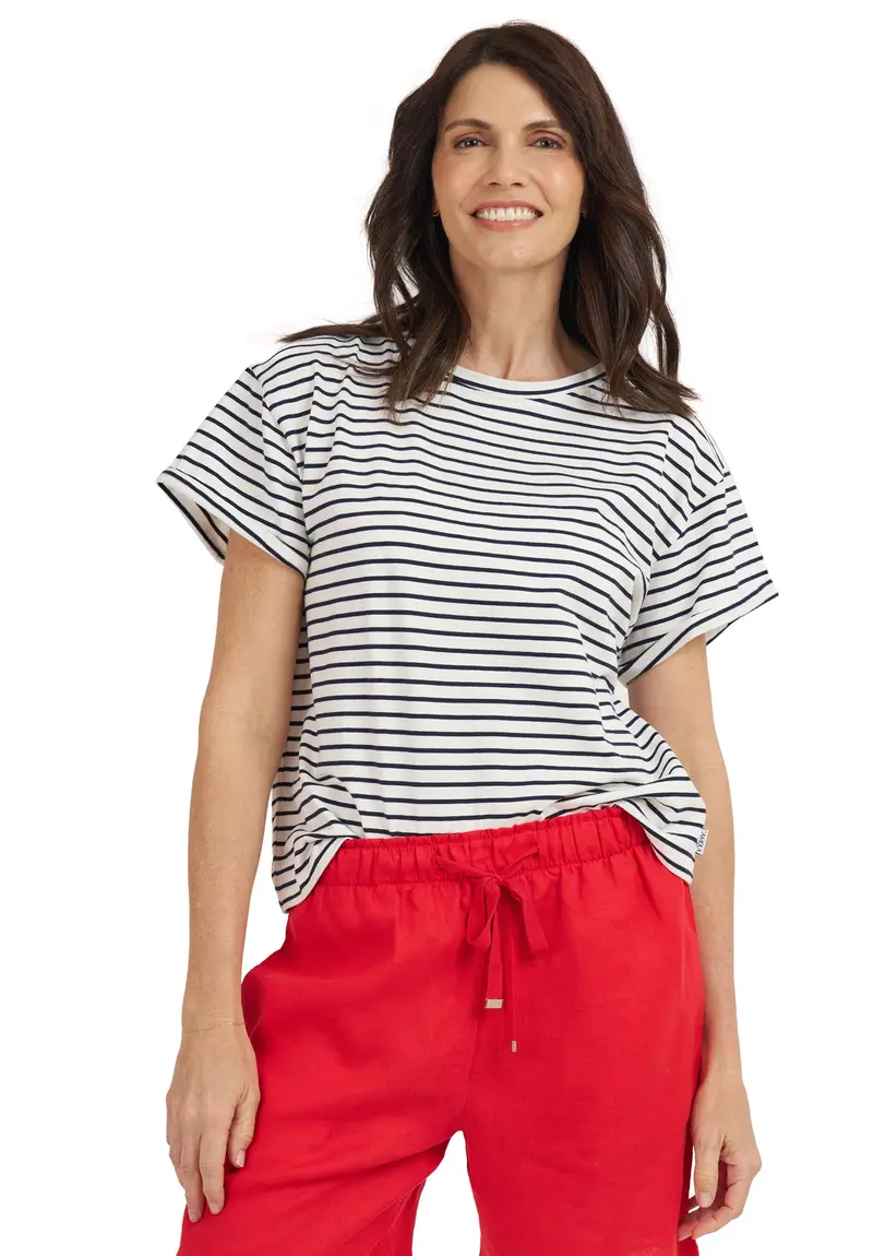 Francy White Navy Stripes Rolled Sleeve T-Shirt 1