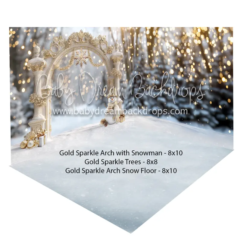 Gold Sparkle Arch With Snowman + Gold Sparkle Trees + Gold Sparkle Arch Snow Fabric Floor 1