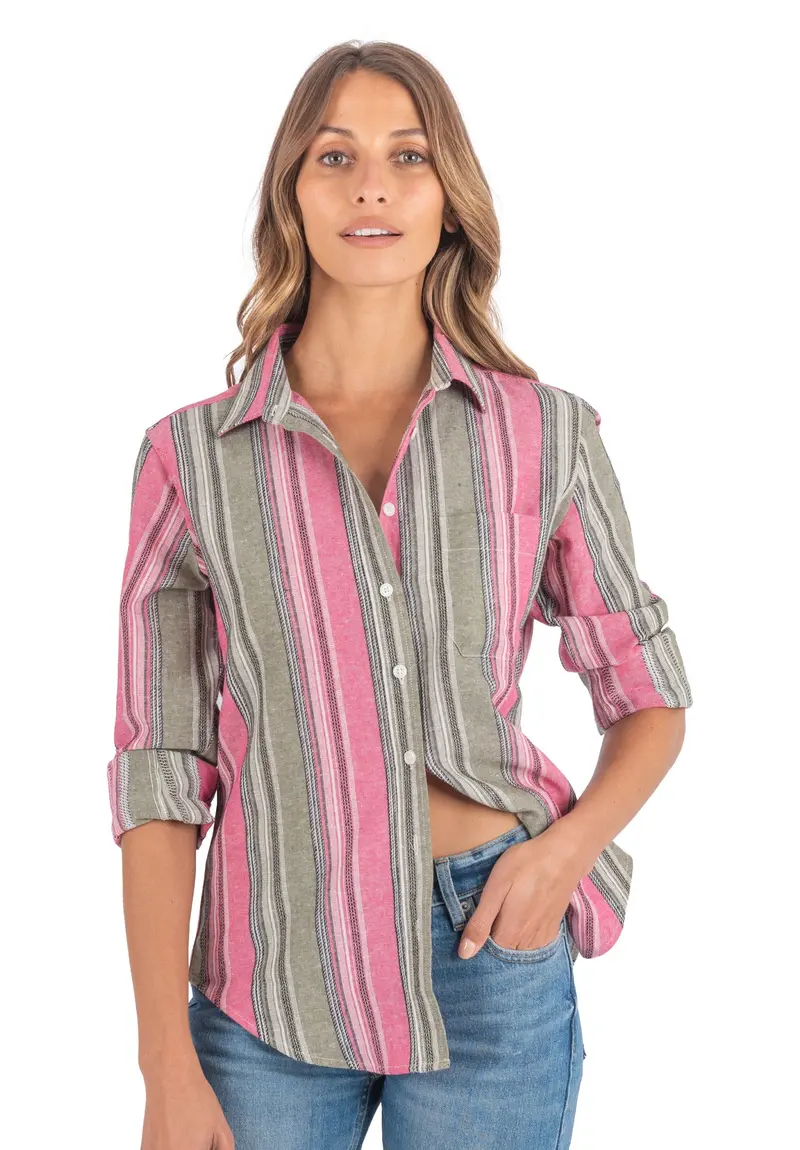 Iris Pink And Green Stripes Classic Fit Linen Shirt 1