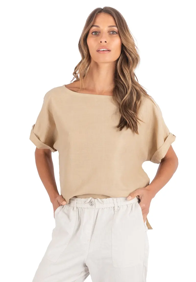 Kaori Caffe Latte Kimono Sleeve Linen Top 2