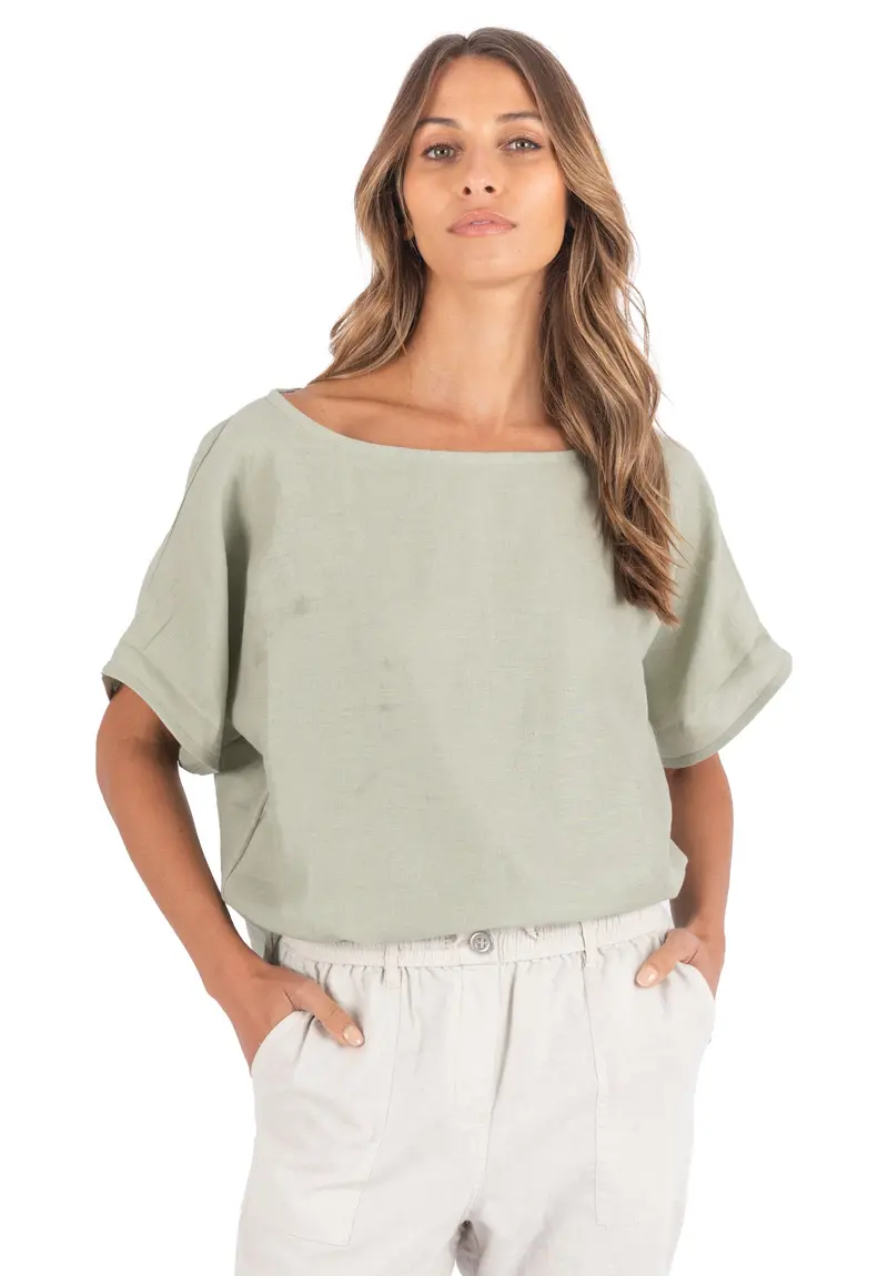 Kaori Sage Green Kimono Sleeve Linen Top 2
