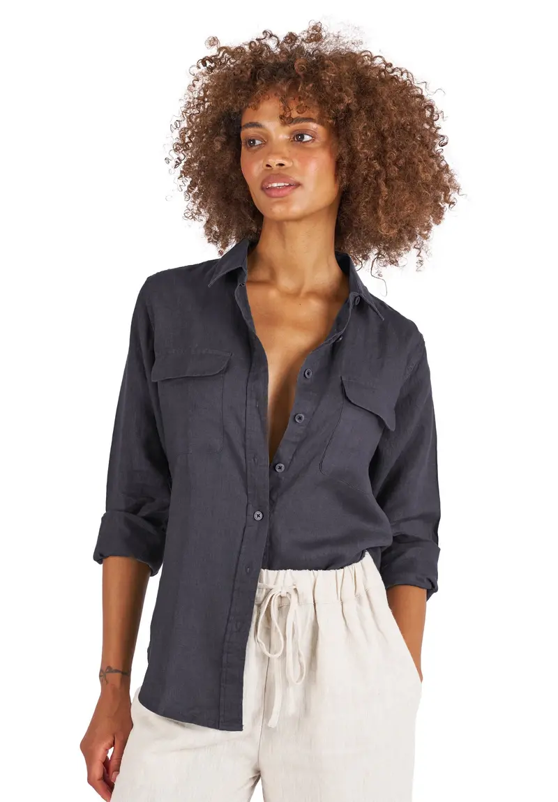 Lete-Linen Black Classic Linen Shirt With Pockets 1