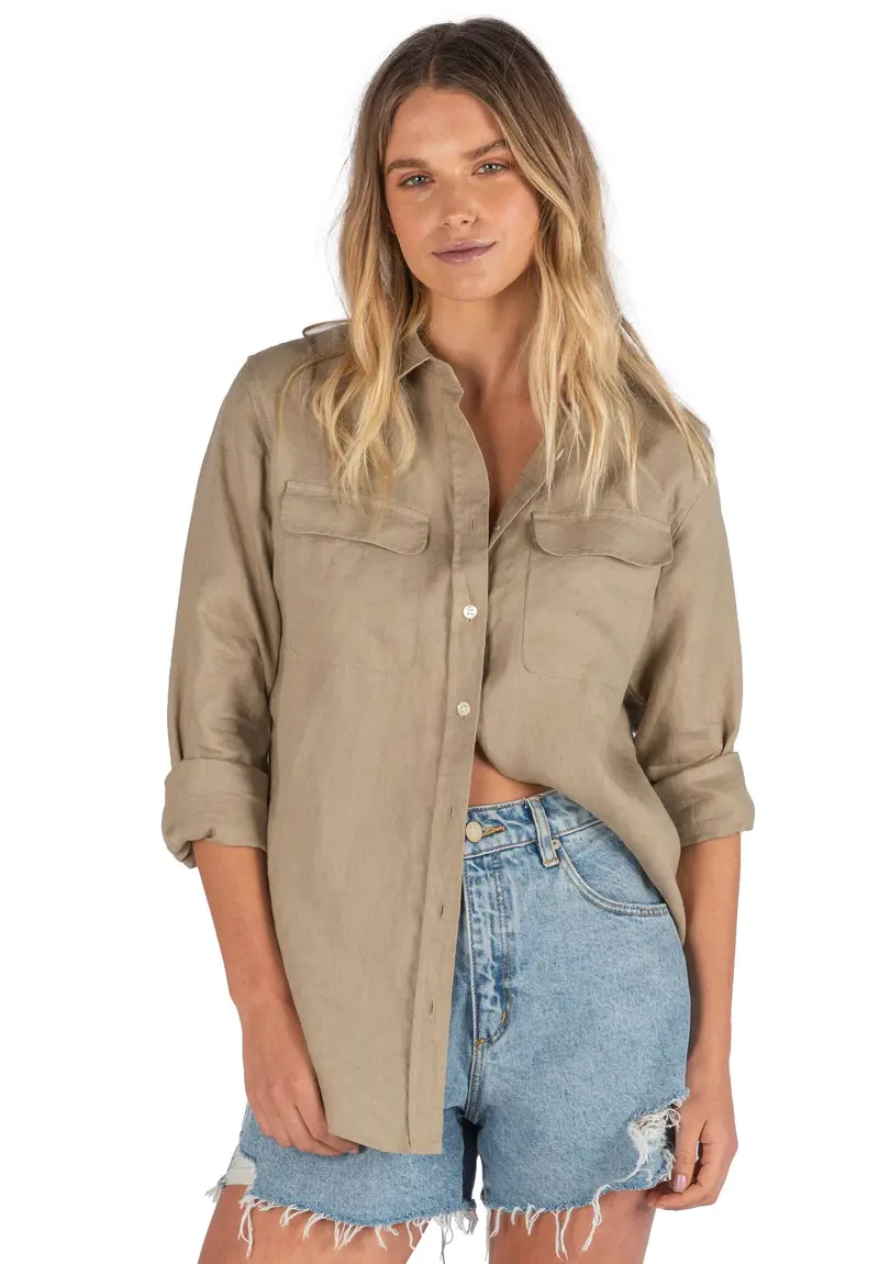 Lete-Linen Khaki Classic Linen Shirt With Pockets 1