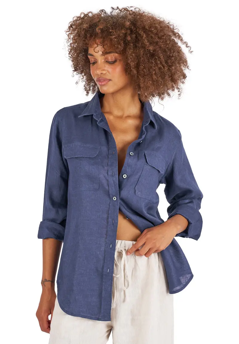 Lete-Linen Navy Blue Classic Linen Shirt With Pockets 1