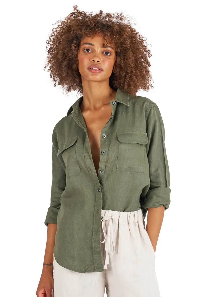 Lete-Linen Olive Green Classic Linen Shirt With Pockets 1