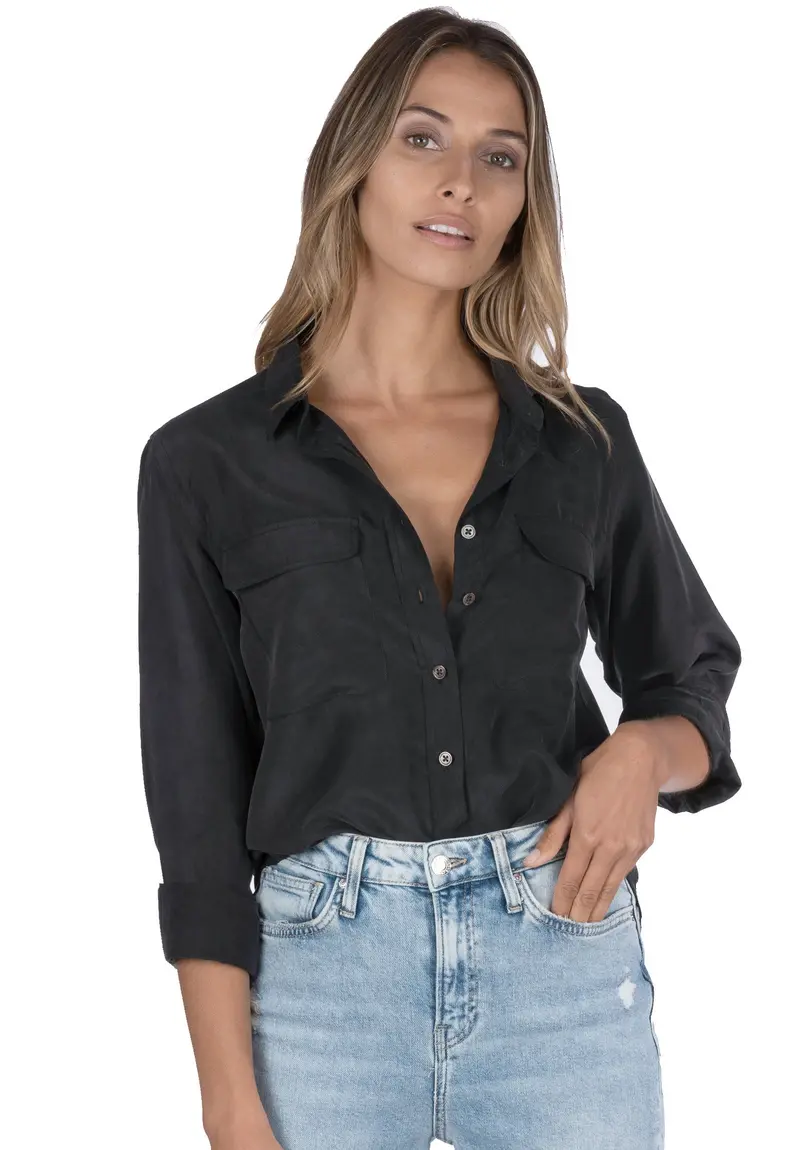 Lete-Silk Black Classic Sand Washed Silk Shirt 1