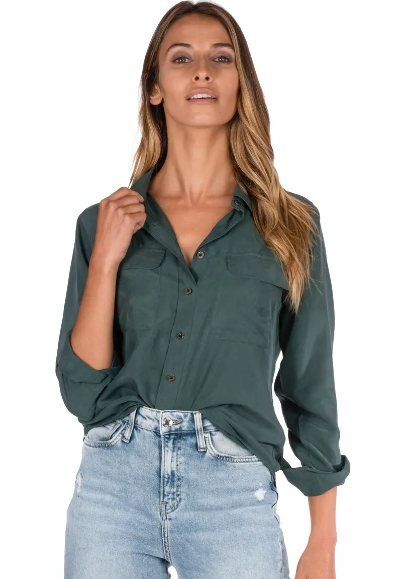 Lete-Silk Petrol Classic Sand Washed Silk Shirt With Pockets 1