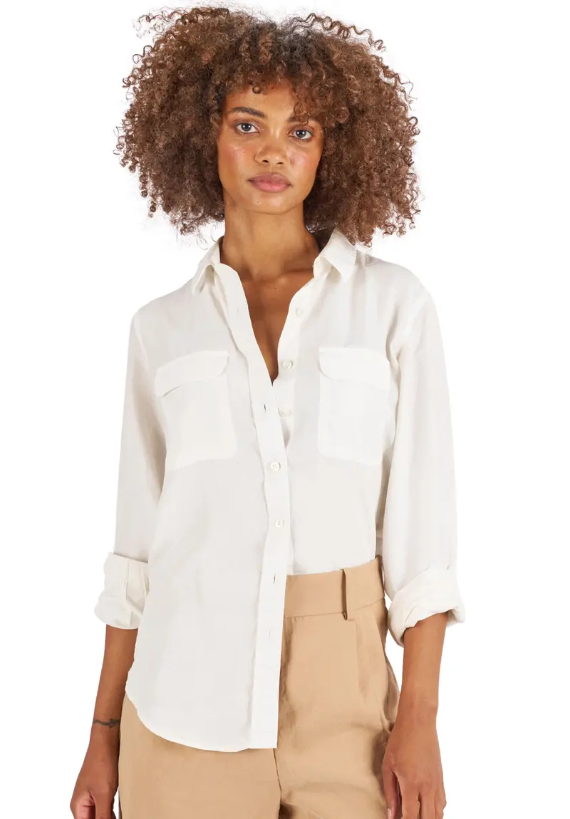 Lete-Silk White Classic Sand Washed Silk Shirt With Pockets 1
