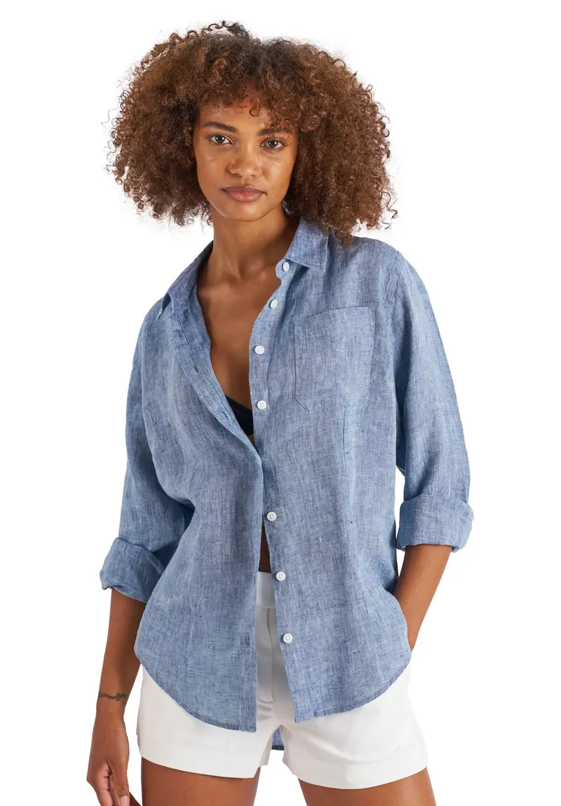 Lina Blue Melange Slim-Fit Linen Shirt 1
