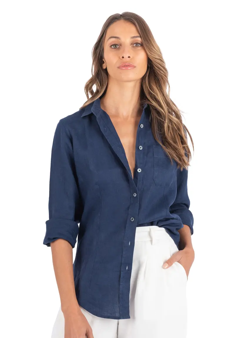 Lina Navy Blue Slim-Fit Linen Shirt 1