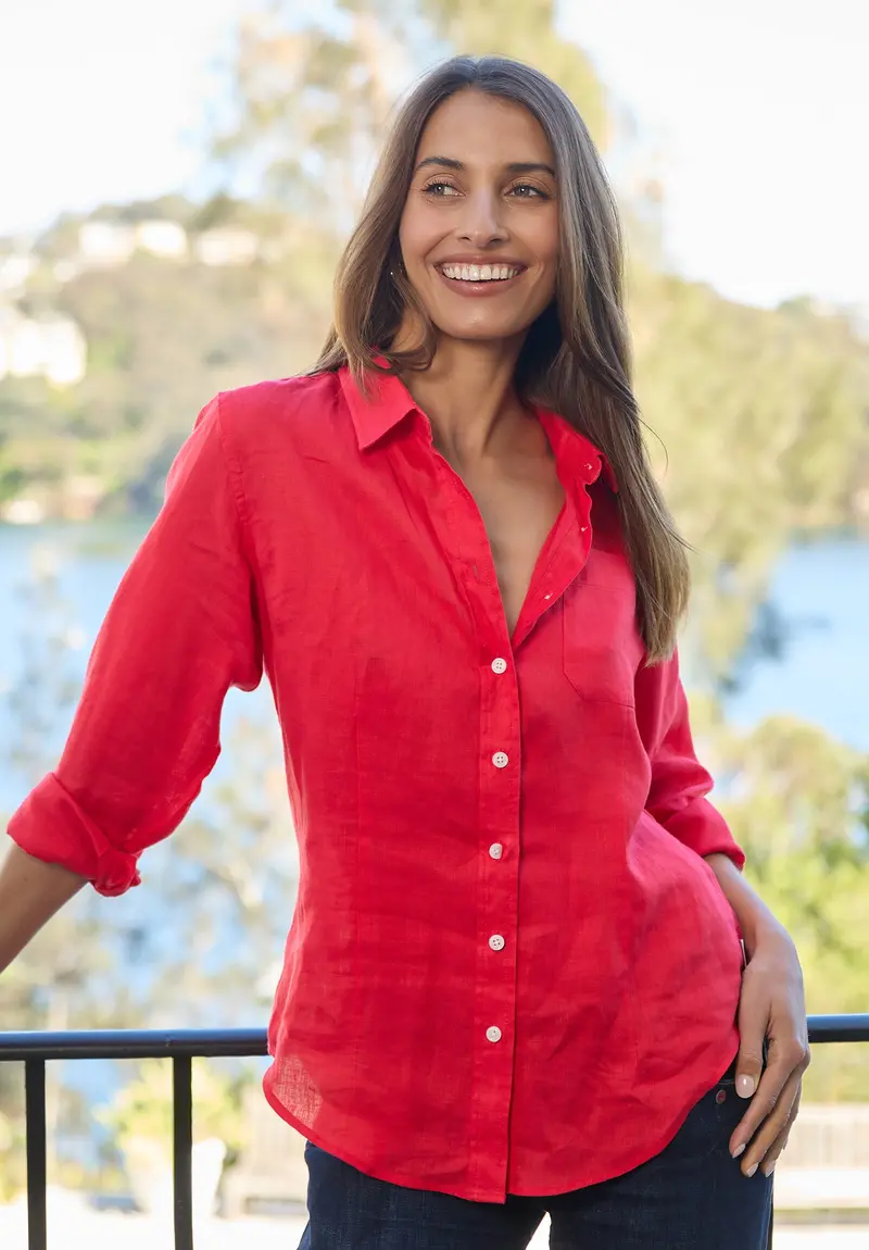 Lina Red Melange Slim-Fit Linen Shirt 1