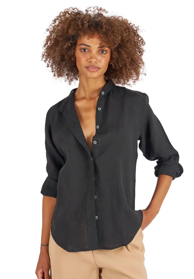 Lotus Black Classic Linen Shirt With Mandarin Collar 1