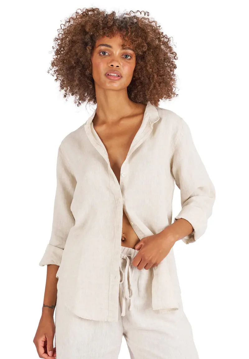 Lotus Sand Classic Linen Shirt With Mandarin Collar 1