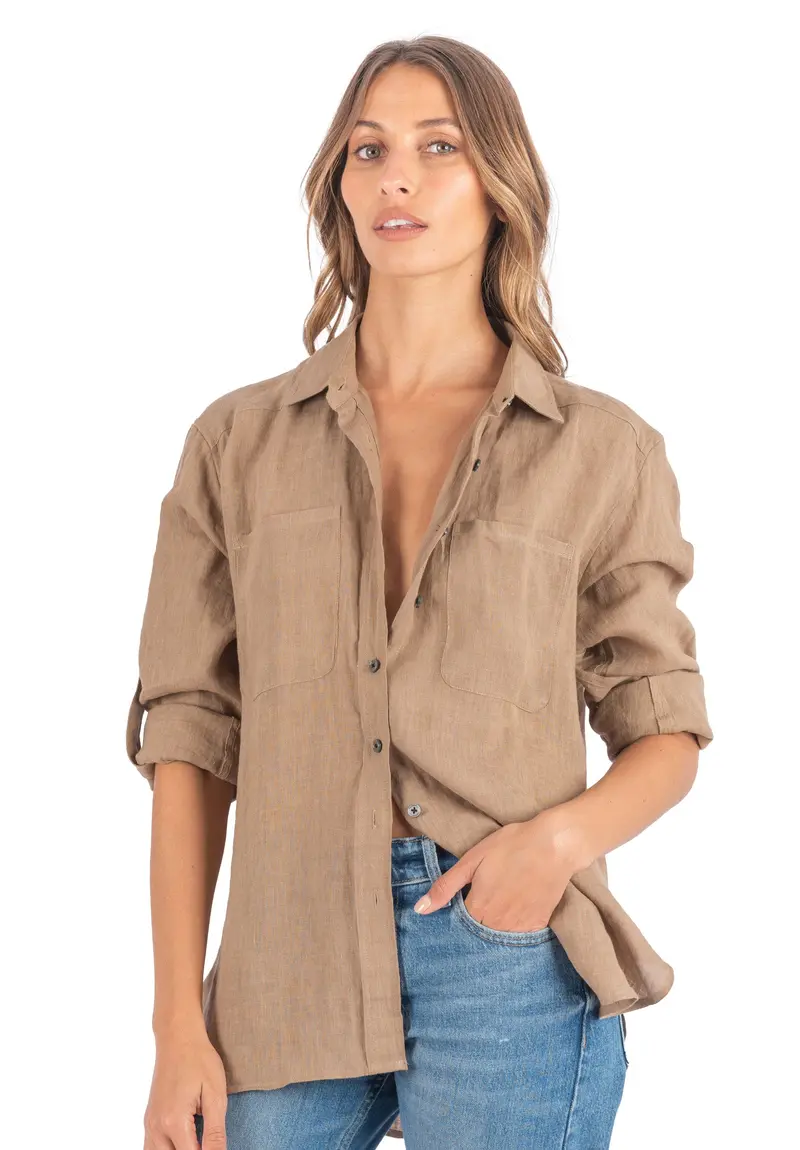 Luna Hazelnut Oversized Linen Shirt With Pockets 1